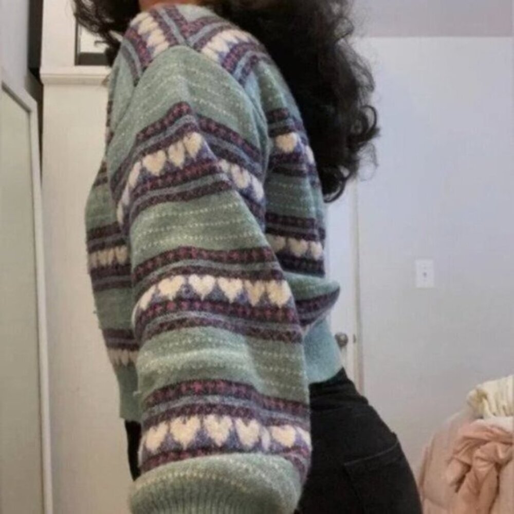 NWT Nordstrom BP Cropped Sweater Size Small Green White Heart Printed Mock Neck - Picture 2 of 5